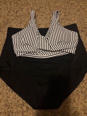 Striped Black & White Women's Swim Top and High-Waist Bottom Set